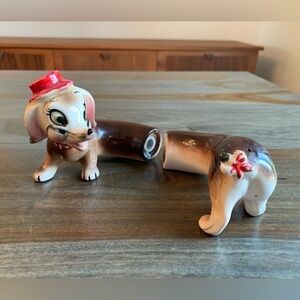 Sausage Dog Salt Pepper Shakers Made in Japan “Hi Friend” Vintage Happy Dog Hat